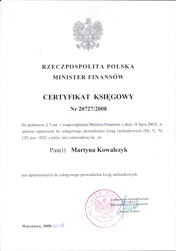 Certyfikat księgowy Ministra Finansów numer 20727/2008 wystawiony dla Martyny Kowalczyk