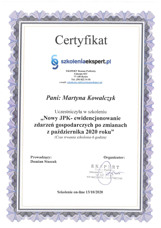 Certyfikat ze szkolenia JPK